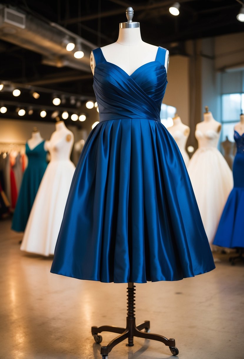 A bold, midnight blue plus size 70s wedding dress hangs on a vintage mannequin