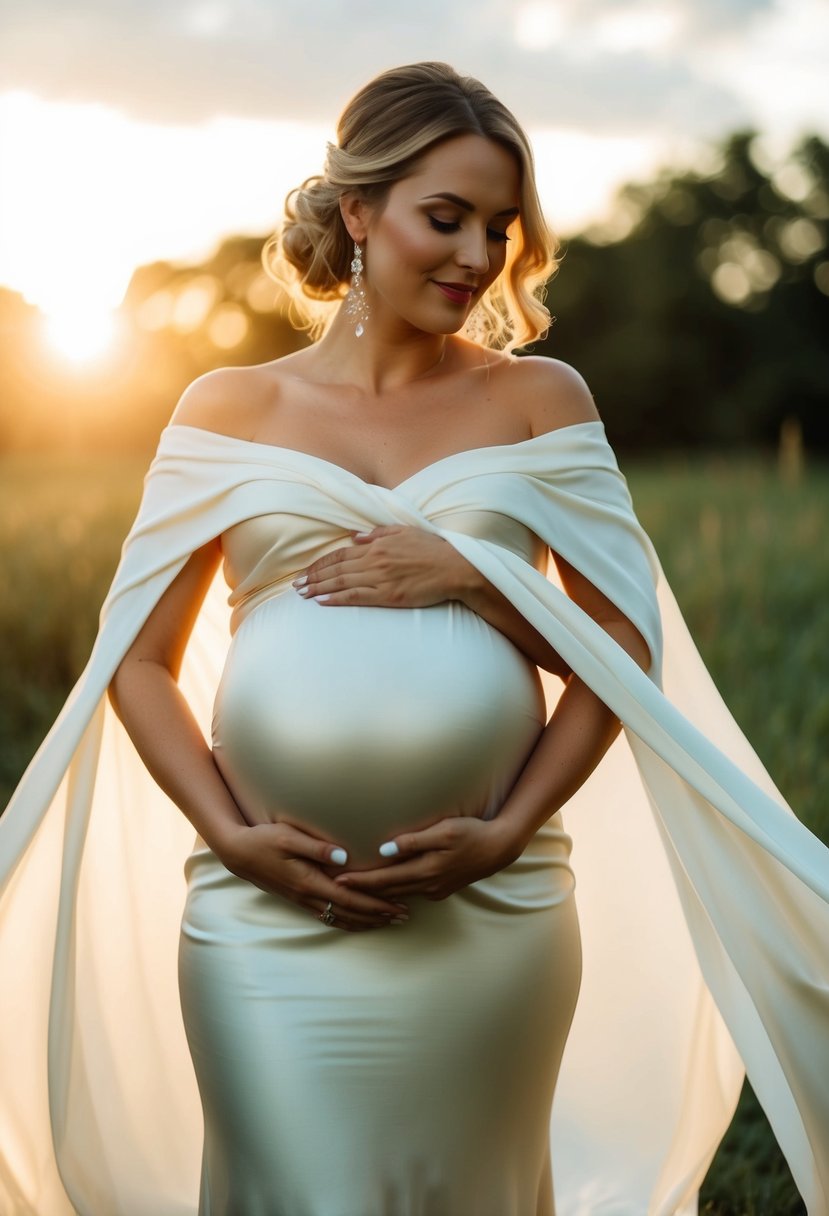 A glowing pregnant belly embraced by flowing silk fabric, suggesting elegant wedding dress ideas for a 6-month baby bump