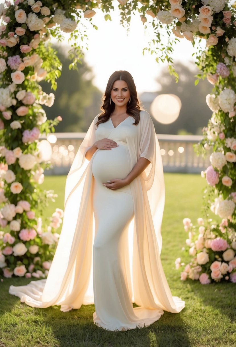 A glowing pregnant woman wearing a flowing kaftan maxi maternity wedding dress, surrounded by blooming flowers and a soft, romantic ambiance