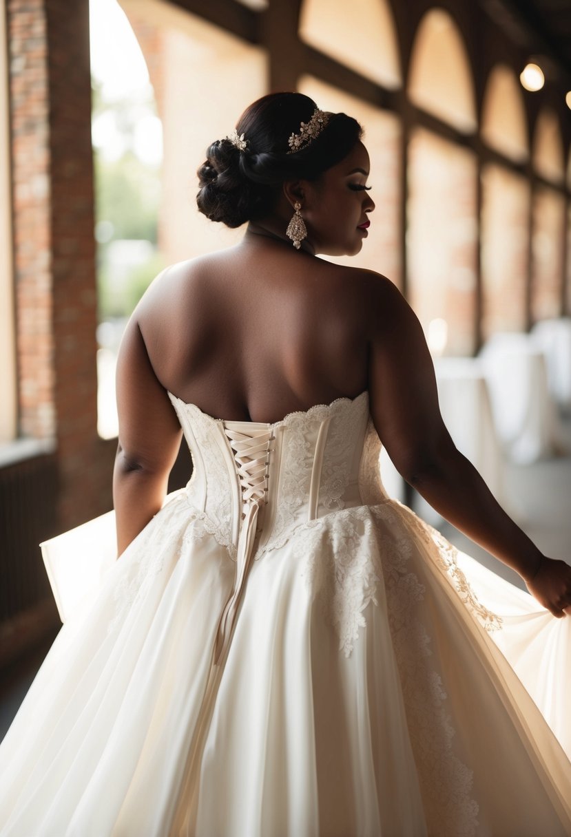 A plus-size 70s wedding dress with a glamorous corset back, adorned with lace and flowing fabric