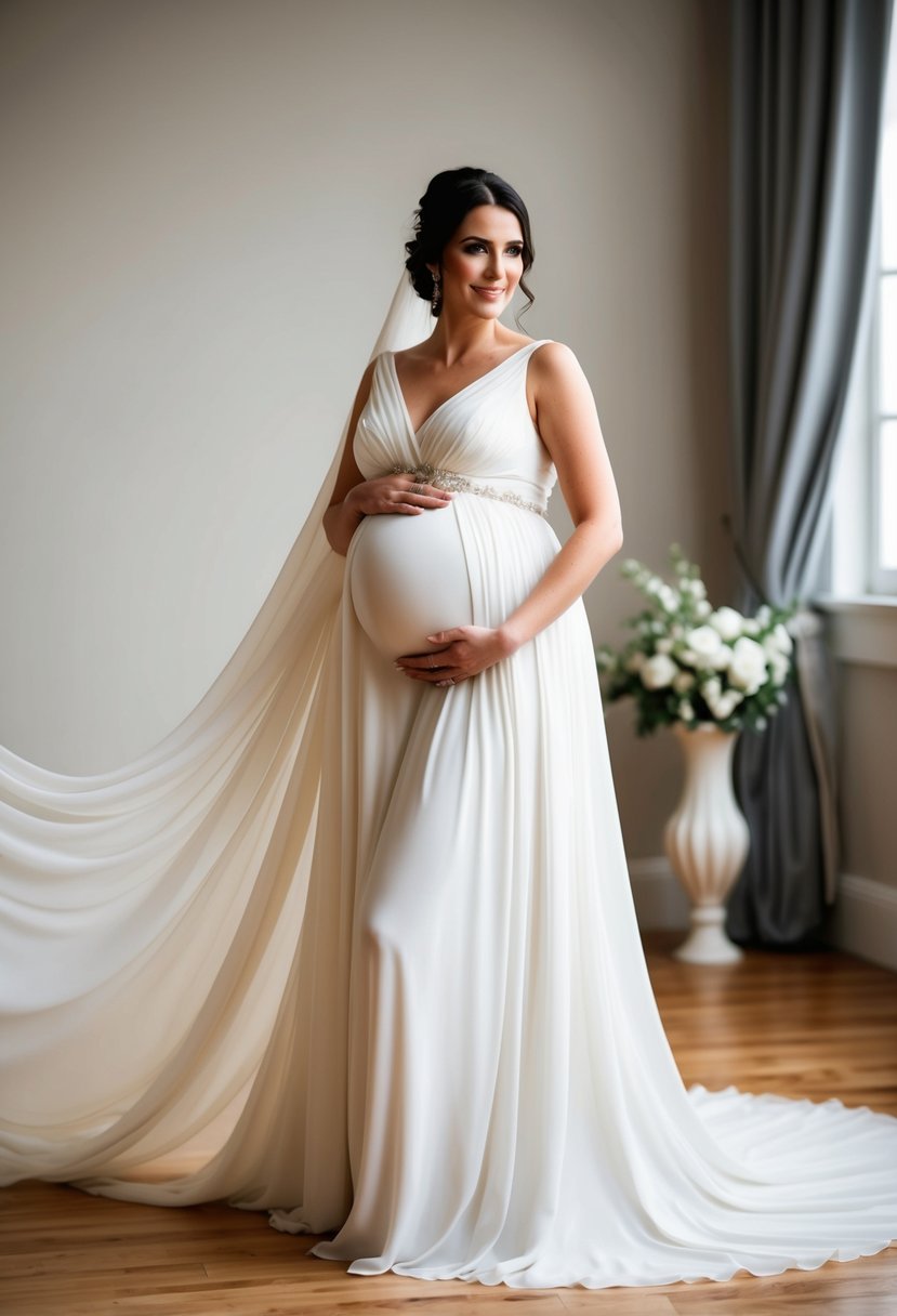 A flowing, Grecian-inspired wedding dress drapes elegantly over a rounded belly, accentuating the beauty of a 6-month pregnant bride