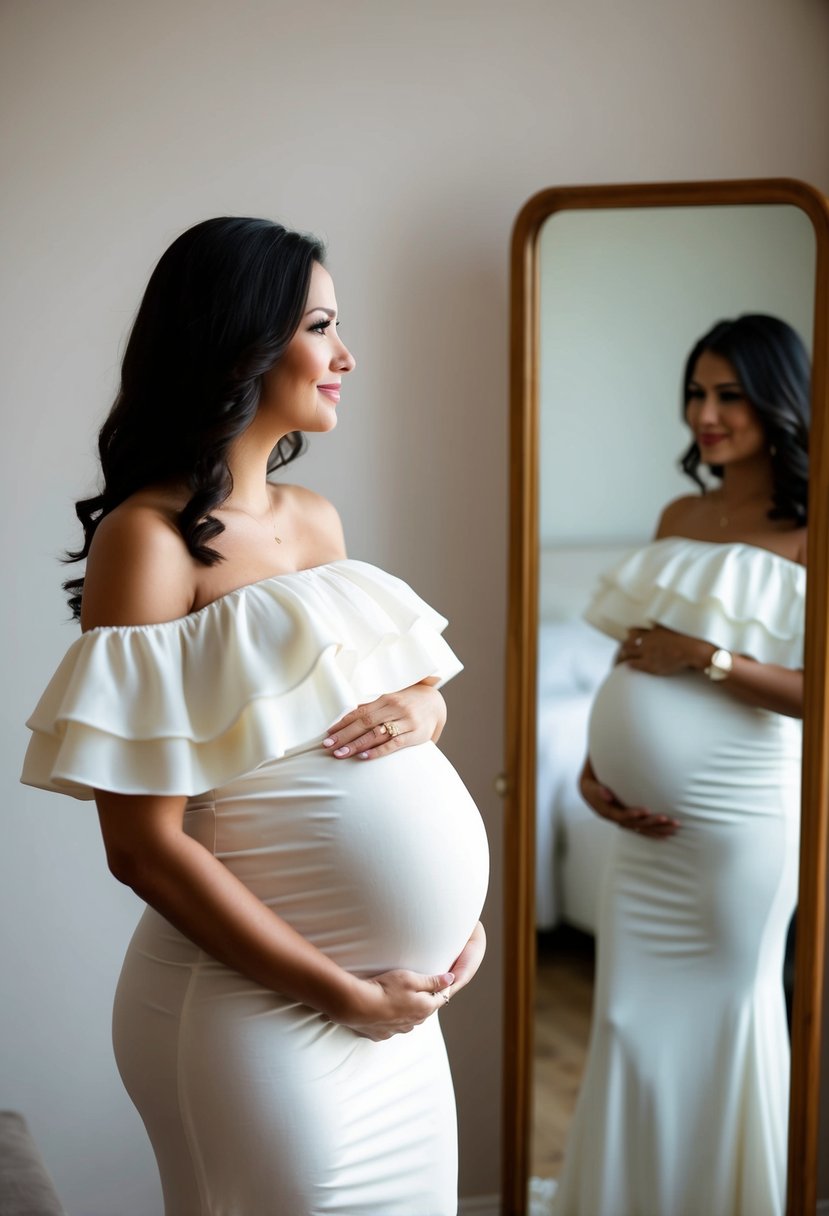 A pregnant woman wearing an off-the-shoulder maternity dress with ruffles, standing in front of a mirror, admiring her wedding dress ideas