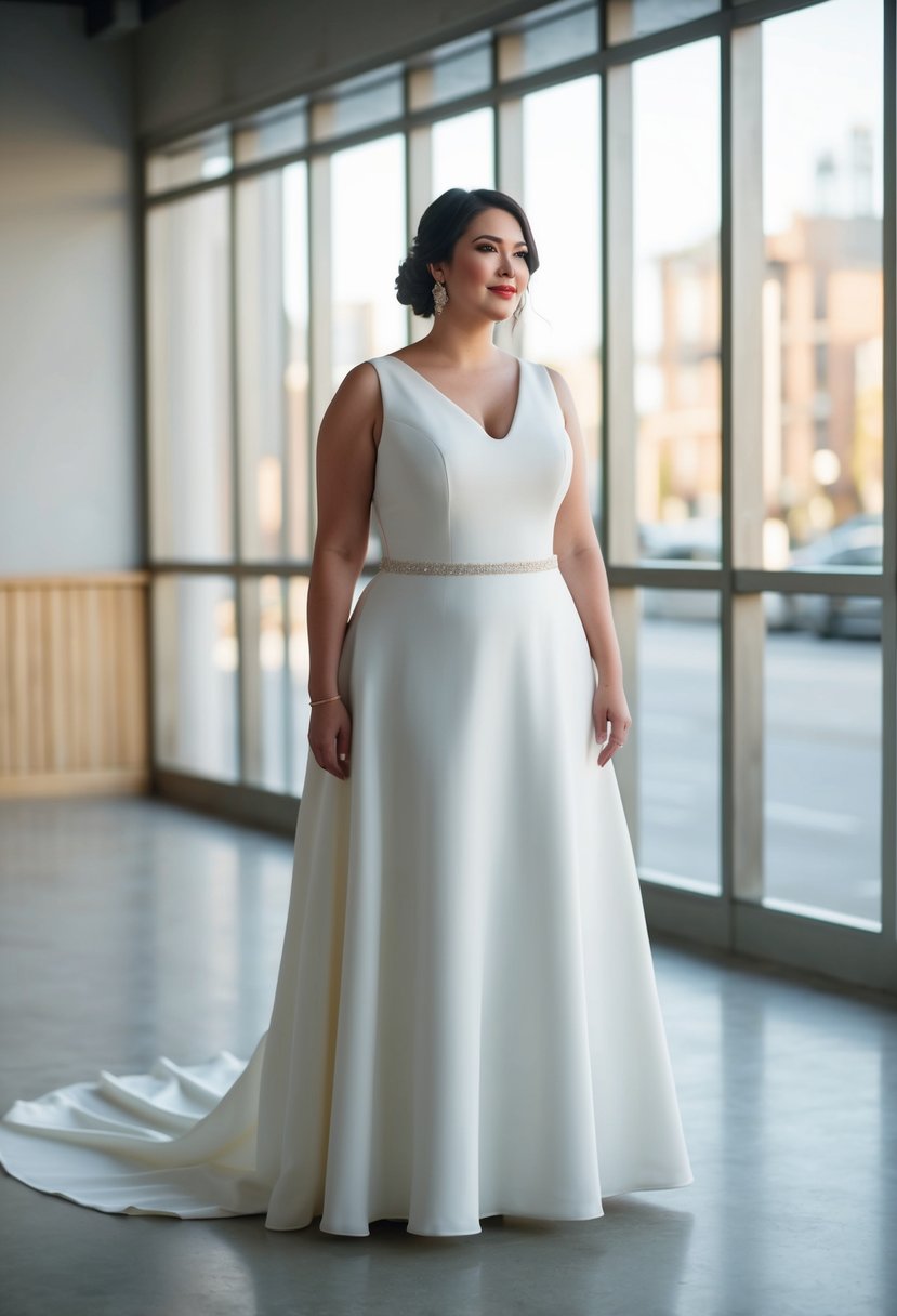 A simple, minimalist courthouse wedding dress with a 70s vibe, designed for plus-size, featuring clean lines and subtle details