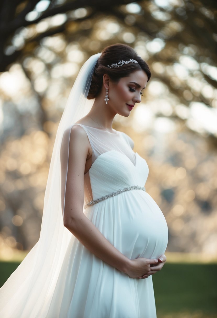 A flowing white wedding dress with a delicate illusion neckline, gently draping over a rounded belly