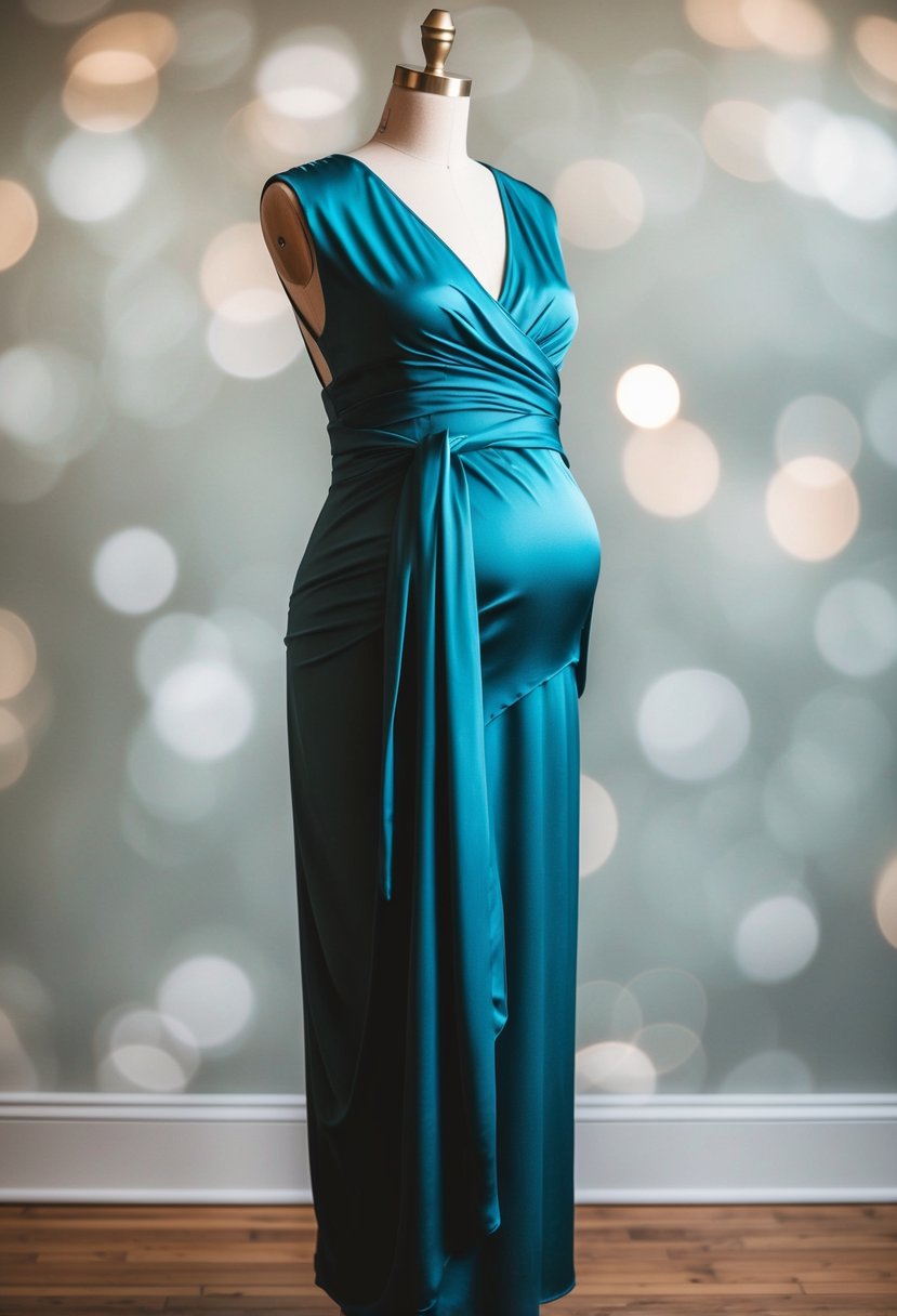 A silk wrap dress with adjustable waistline, draped over a rounded form with a gentle curve to accommodate a 5-month pregnant belly