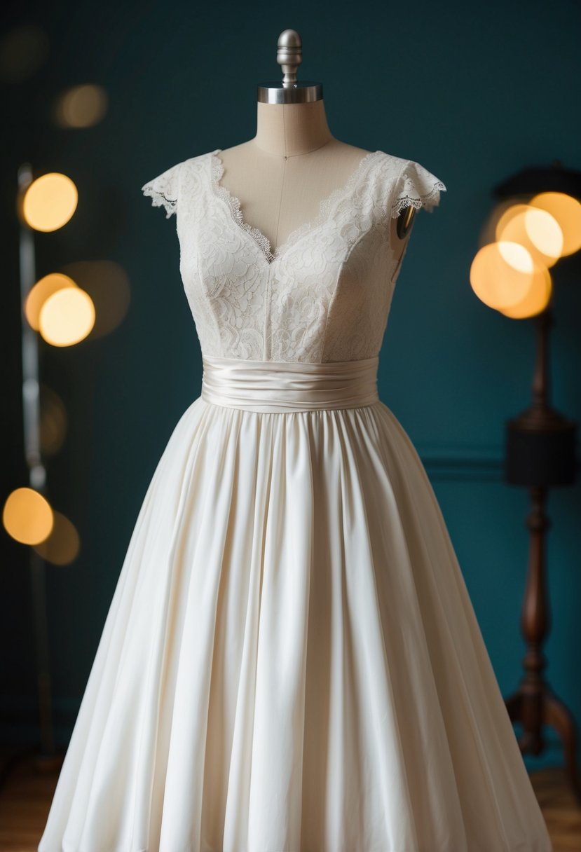 A plus size 70s wedding dress with rustic lace and cap sleeves displayed on a vintage mannequin