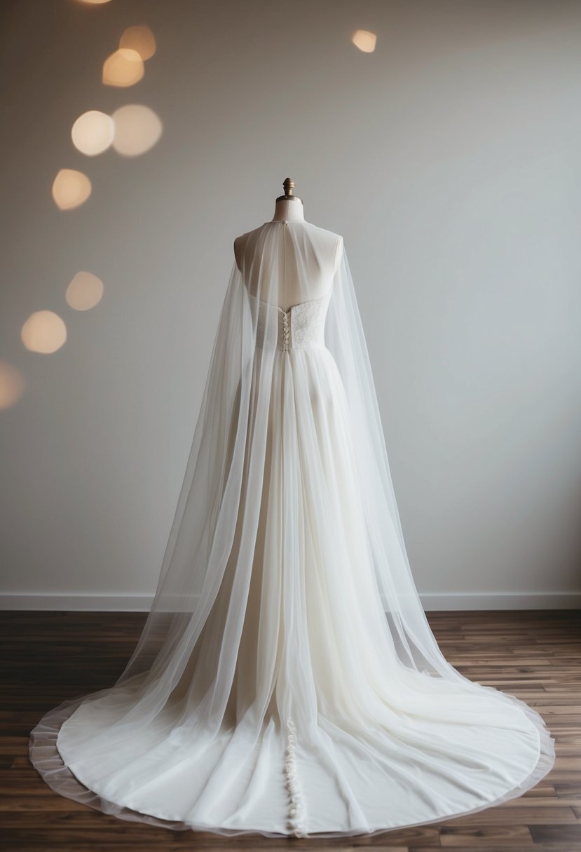 A flowing tulle overlay drapes over a delicate, empire-waist wedding gown, creating a romantic and dreamy appearance