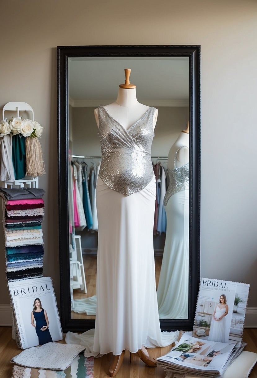 A mannequin wearing a maternity sheath dress with sequined details, standing in front of a mirror, surrounded by bridal magazines and fabric swatches