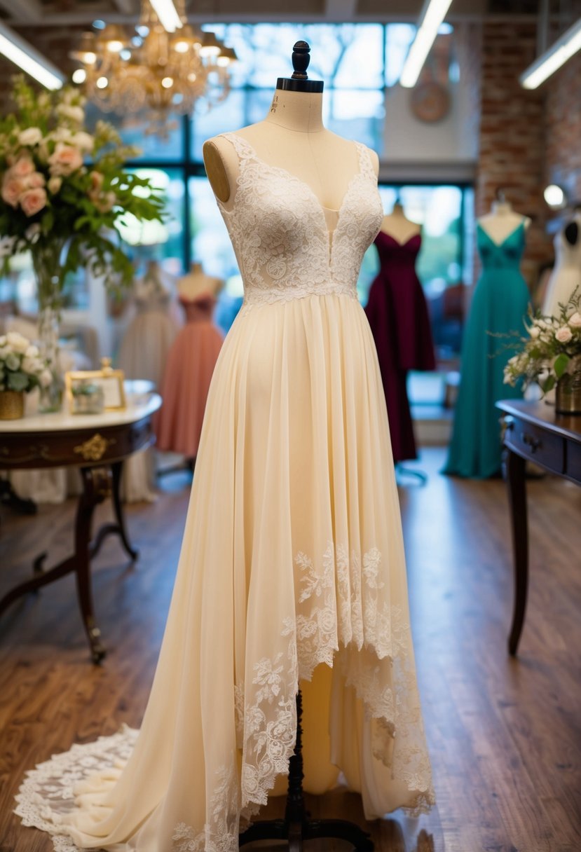 A curvy mannequin in a vintage bridal shop displays a 70s-inspired hi-lo hem gown in a soft, flowing fabric, with lace and floral details