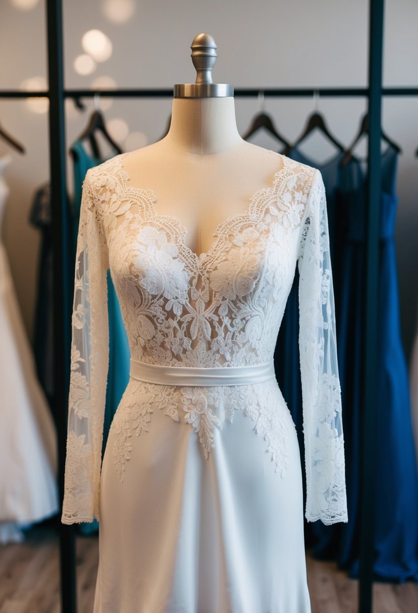 A long-sleeve lace wedding dress draped over a mannequin, with a subtle bump at the waistline