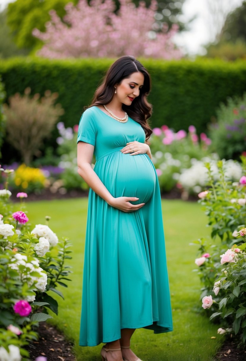 A woman in a vintage-inspired tea-length maternity dress, gently cradling her baby bump, standing in a garden surrounded by blooming flowers and greenery