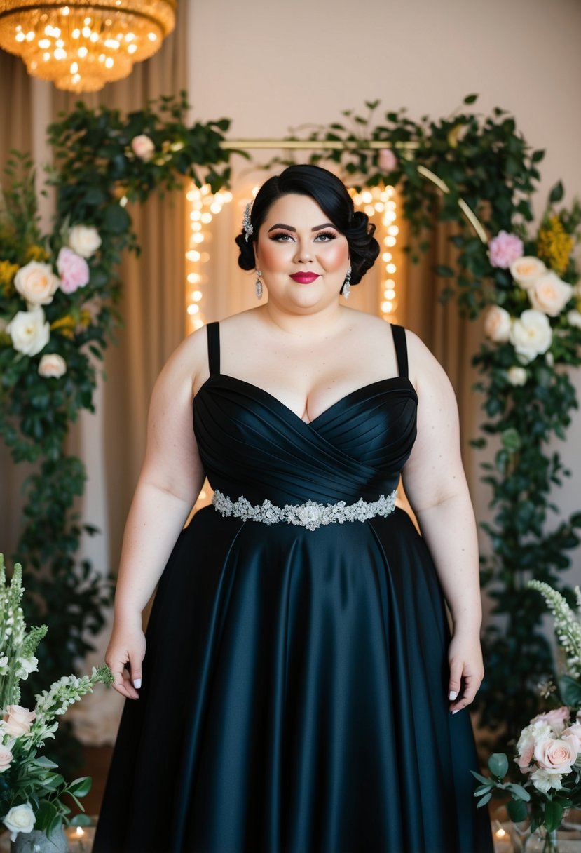 A plus-size bride in a sophisticated black 70s wedding dress, surrounded by vintage decor and floral arrangements