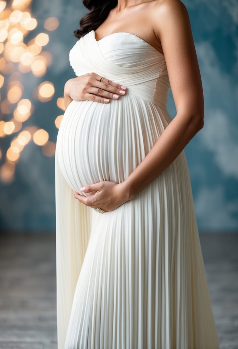 A Grecian-style gown with a pleated skirt drapes elegantly over a rounded belly, suggesting a 5-month pregnant bride's wedding dress