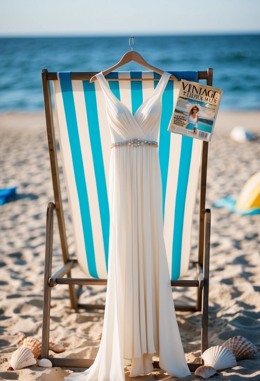 A flowing, light fabric sheath dress hangs on a beach chair, surrounded by seashells and a vintage 70s wedding magazine