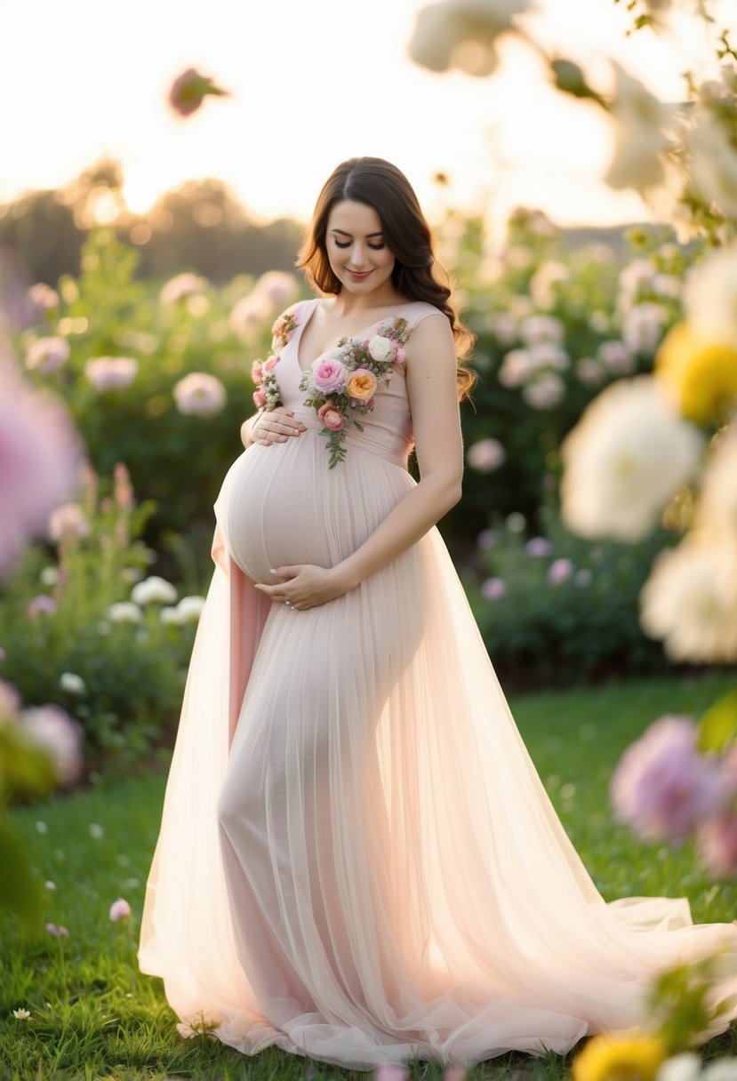 A pregnant woman stands in a tulle maternity dress with floral appliqué, surrounded by blooming flowers and soft, romantic lighting