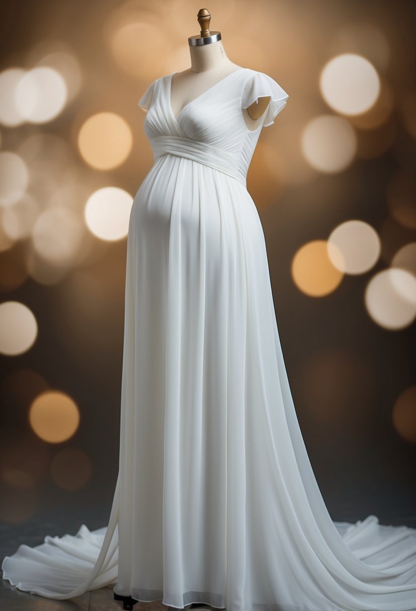 A chiffon gown with cap sleeves and a long train, designed to accommodate a 5-month pregnant bride, flowing gracefully on a mannequin