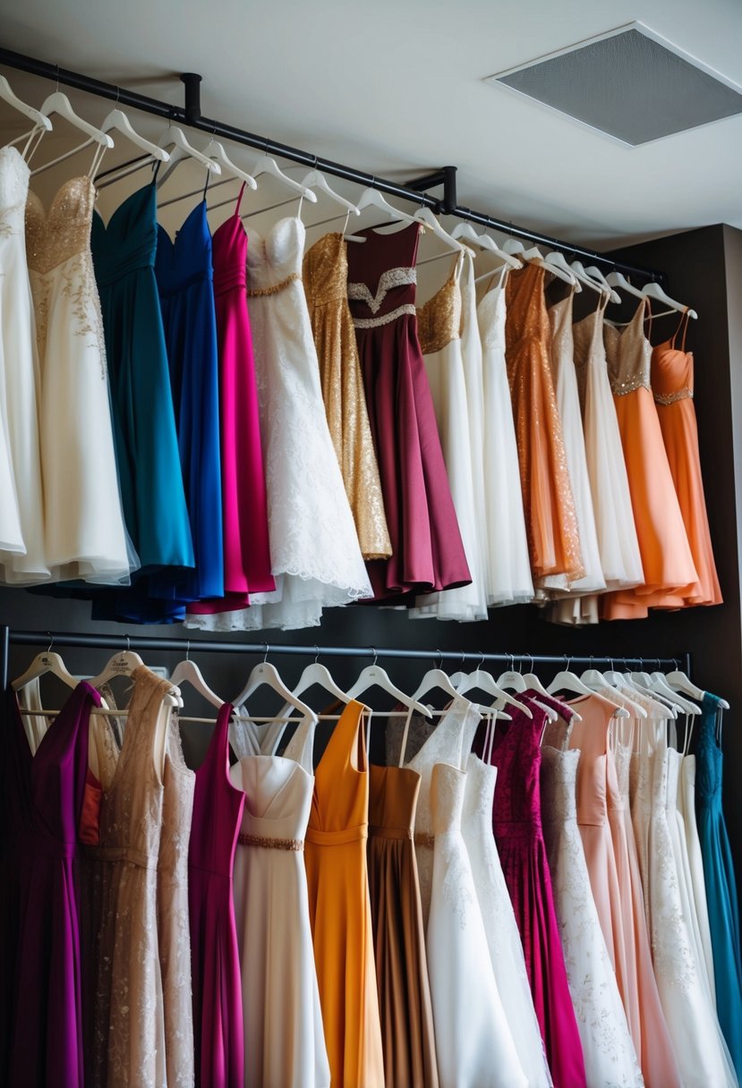 A rack of wedding dresses in various styles and colors, showcasing over 50 options for brides to choose from