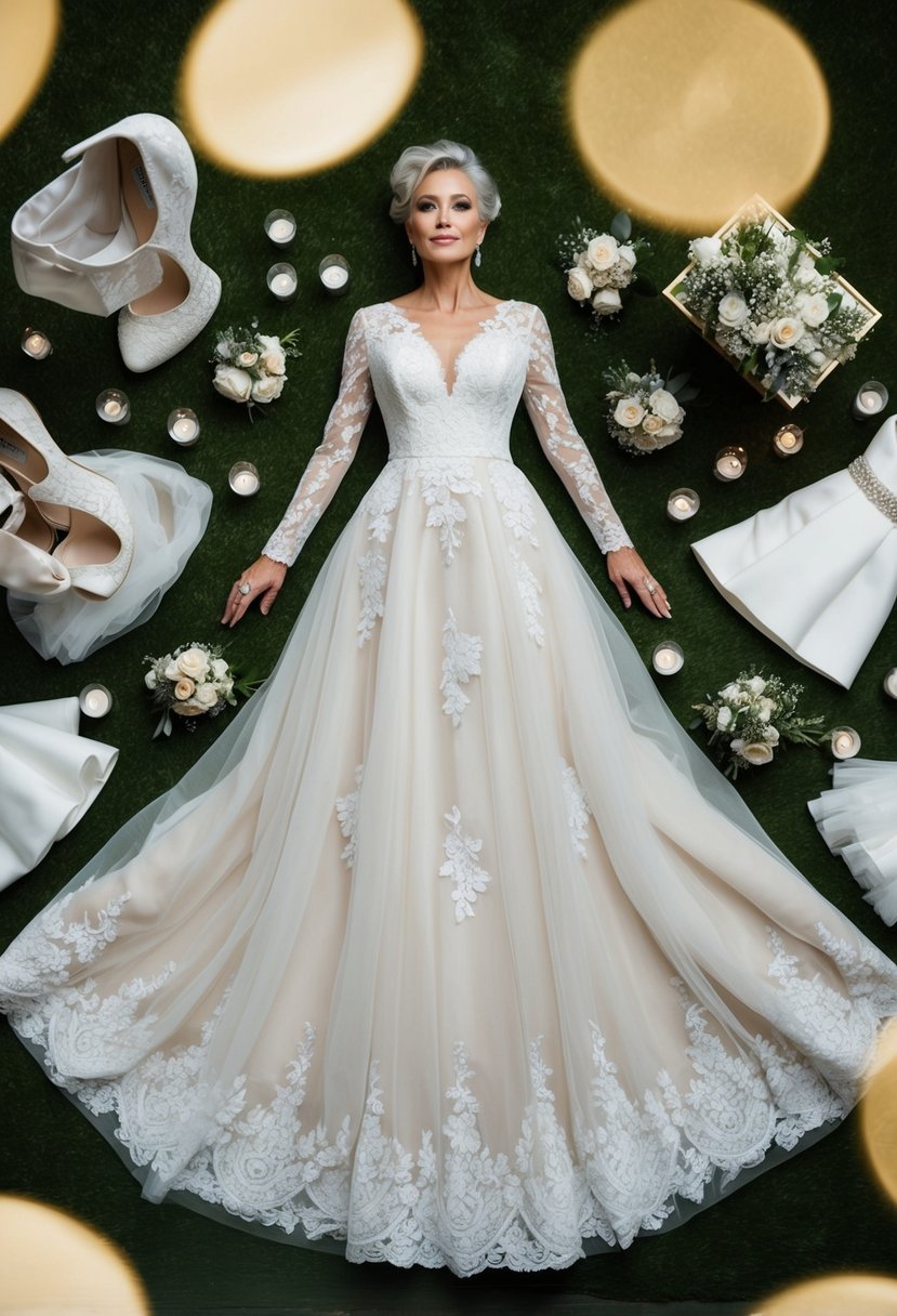 A flowing lace gown surrounded by a variety of wedding dress ideas for a mature bride