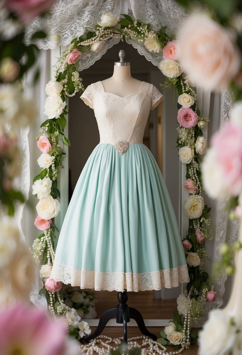 A vintage-inspired tea-length dress hangs on a mannequin, surrounded by lace, pearls, and delicate floral accents