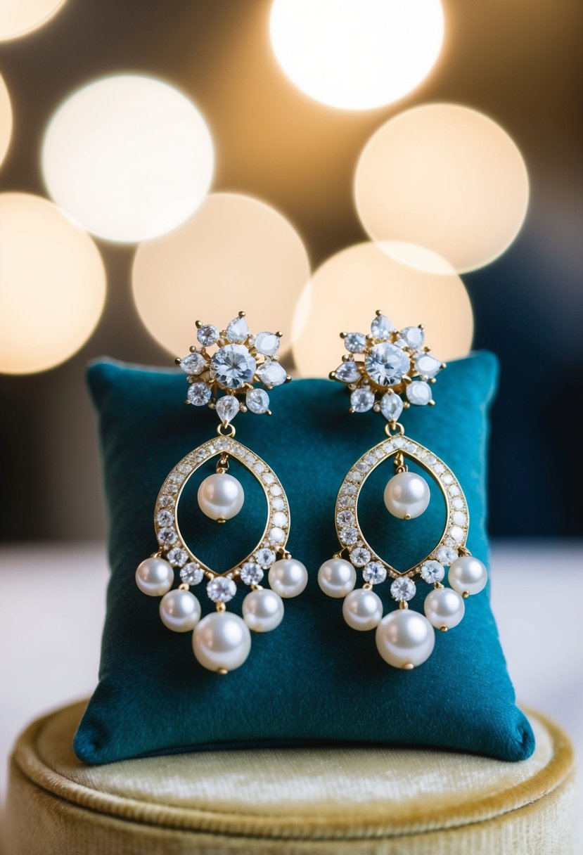 A pair of elegant wedding earrings with shimmering pearls and sparkling diamonds displayed on a velvet cushion