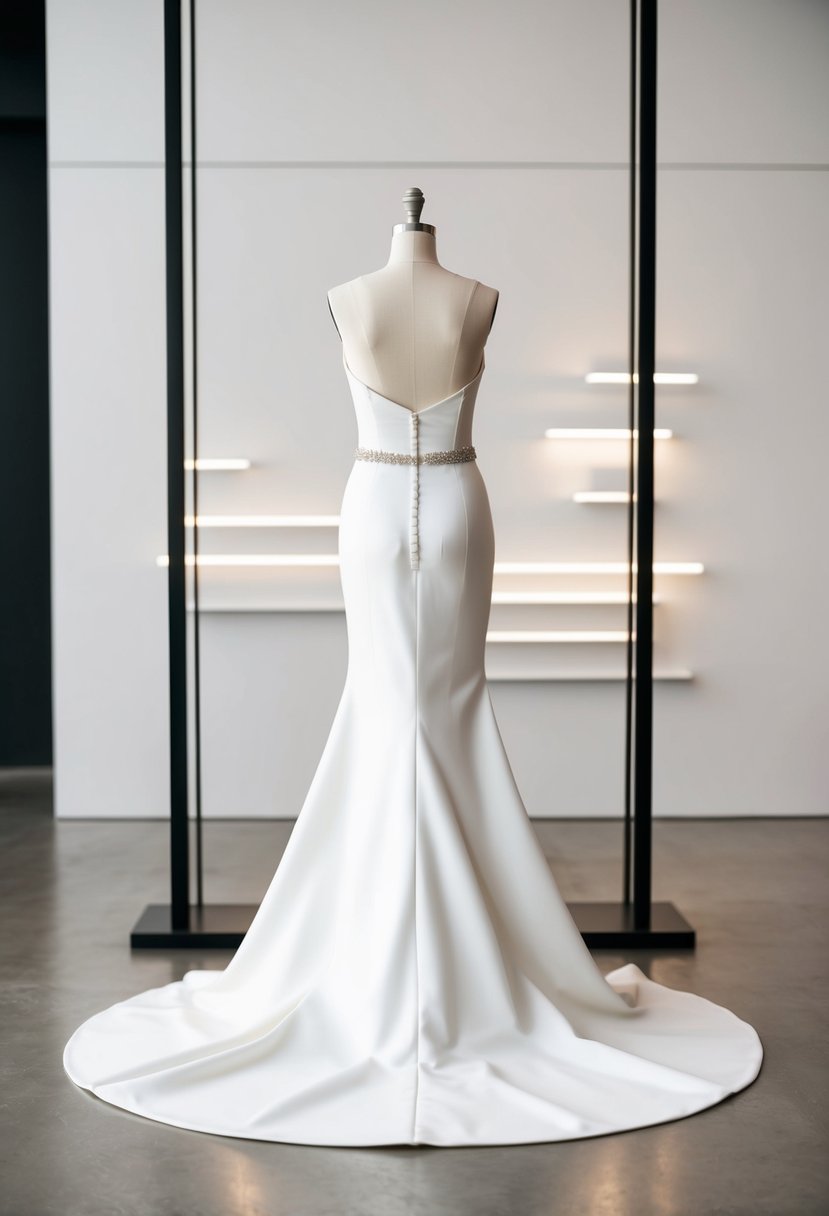 A sleek, simple sheath wedding dress displayed on a minimalist backdrop with clean lines and modern details