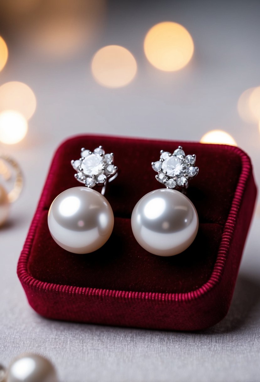 A pair of elegant pearl and diamond earrings displayed on a velvet cushion with soft lighting