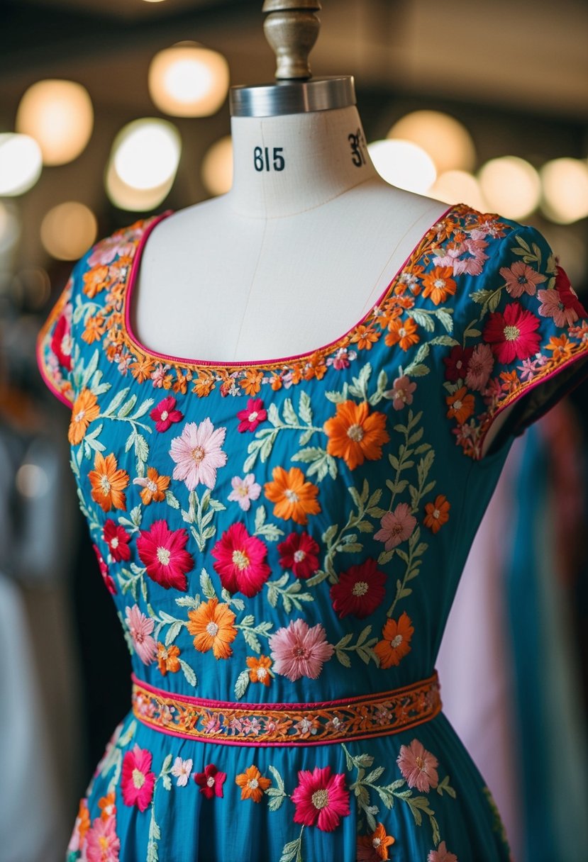 A vibrant floral embroidered dress displayed on a mannequin