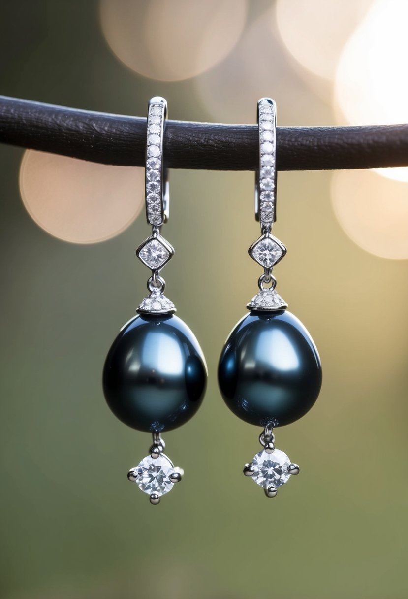 A pair of elegant Mikimoto Morning Dew Black South Sea Cultured Pearl & Diamond Drop Earrings, glistening under soft morning light