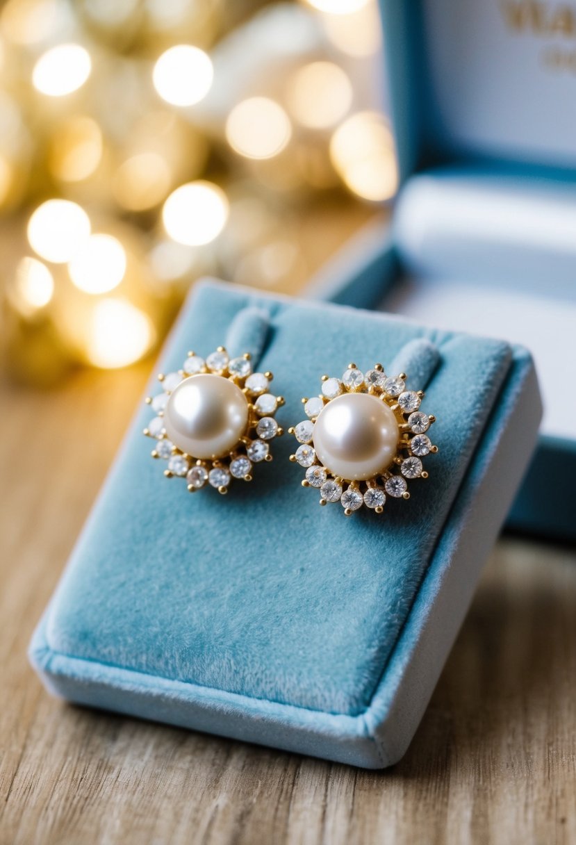 A pair of elegant gold pearl wedding earrings displayed on a velvet cushion with soft lighting accentuating their beauty