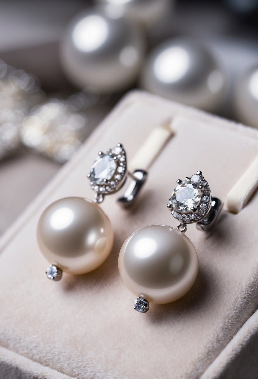 A pair of elegant pearl and diamond bridal earrings, featuring Swarovski crystals, resting on a velvet jewelry display