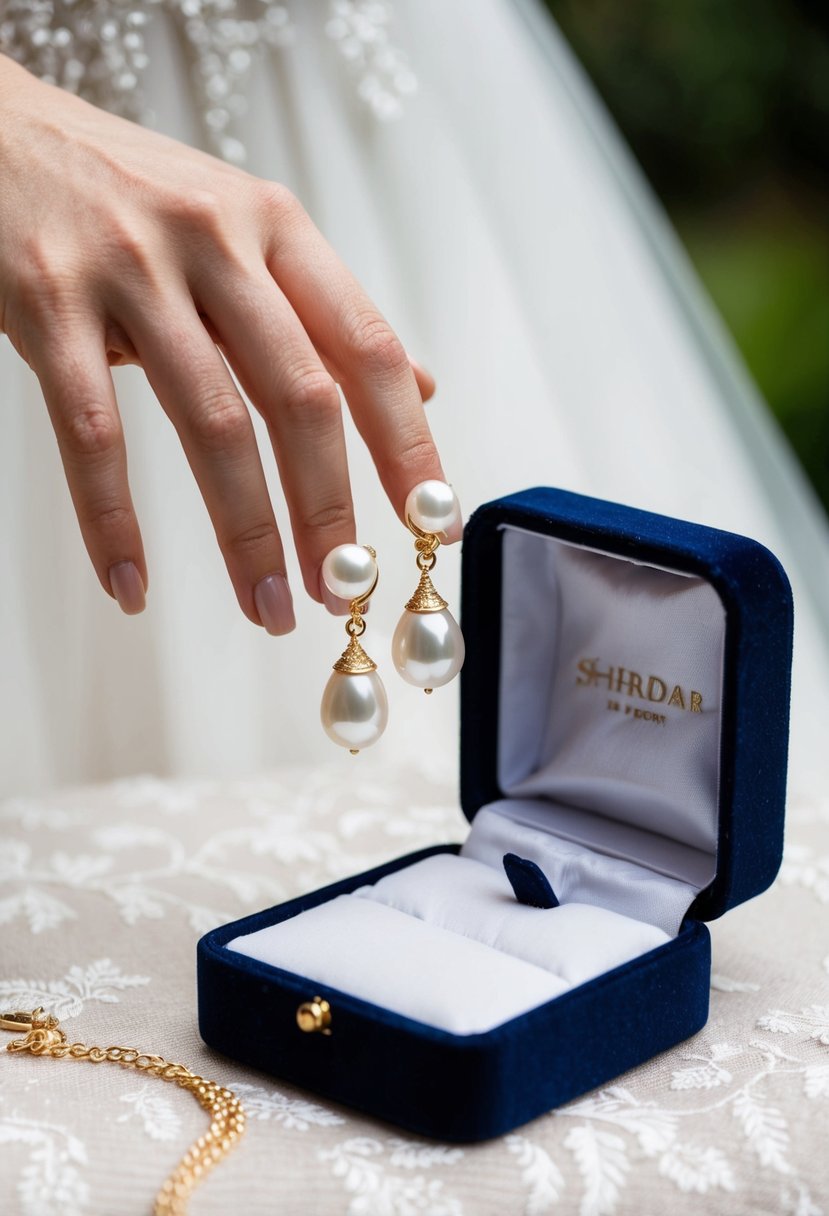 A bride's hand reaches for a pair of classic pearl drop earrings, set in gold, resting on a velvet jewelry box