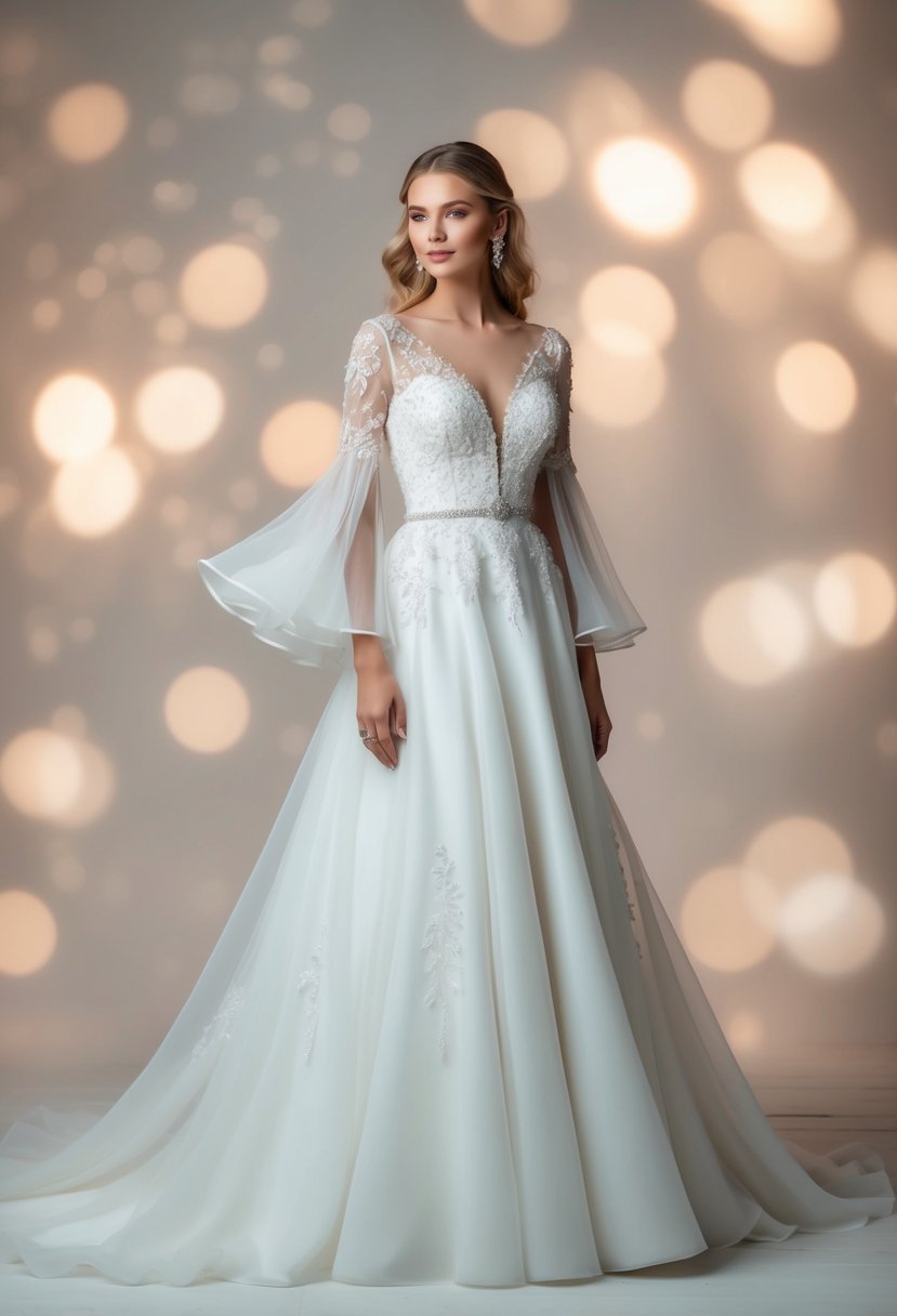 An ethereal A-line wedding dress with flowing sleeves, adorned with delicate lace and shimmering details, set against a dreamy backdrop of soft, romantic lighting