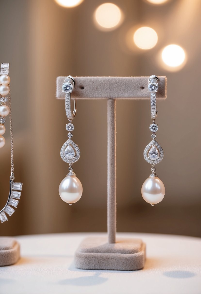 A pair of elegant pearl and diamond wedding earrings displayed on a velvet jewelry stand under soft, warm lighting