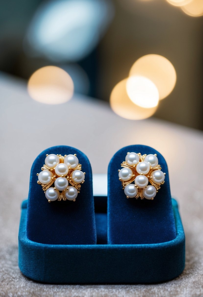 A pair of gold and pearl cluster earrings displayed on a velvet cushion, with soft lighting highlighting their elegant design