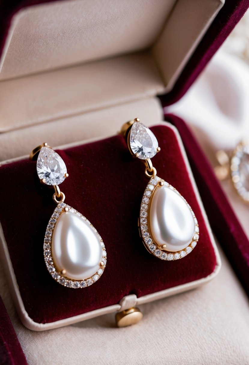 A pair of elegant pearl and pear-cut diamond earrings displayed on a velvet cushion in a luxurious jewelry box