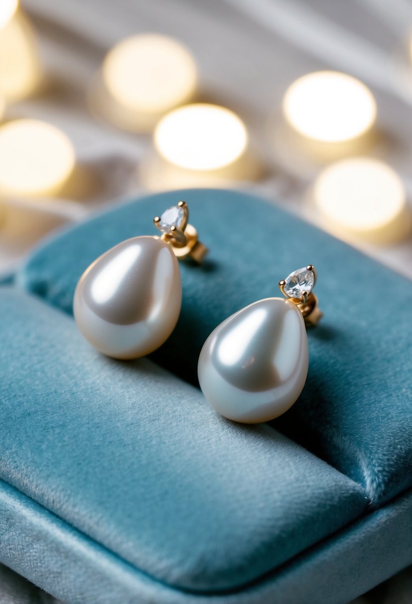 Two pear-shaped pearls set in gold studs, arranged on a velvet cushion with soft lighting