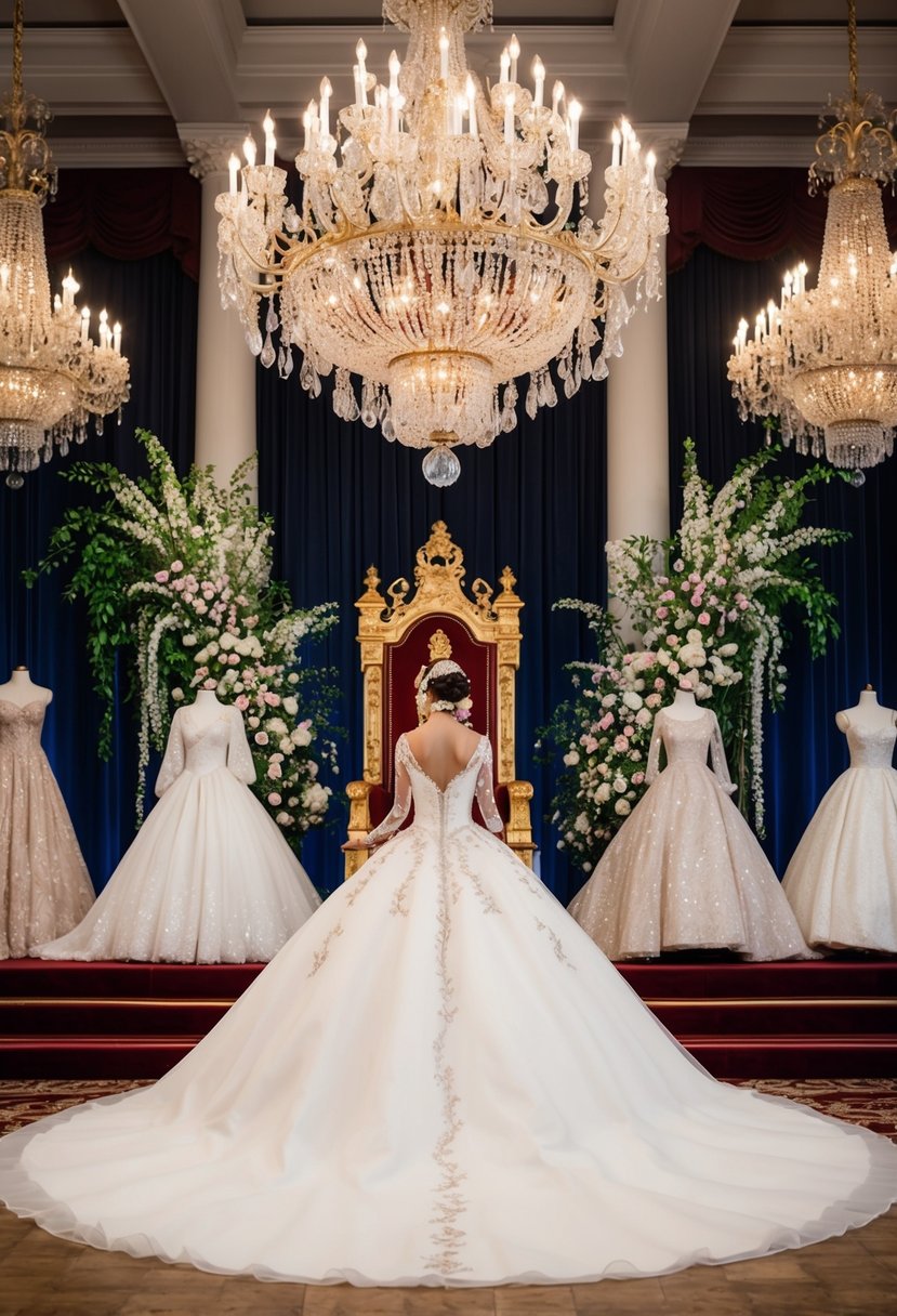 A grand ballroom with opulent chandeliers, a regal throne, and cascading floral arrangements, showcasing various designs of classic princess ball gown wedding dresses for brides over 50