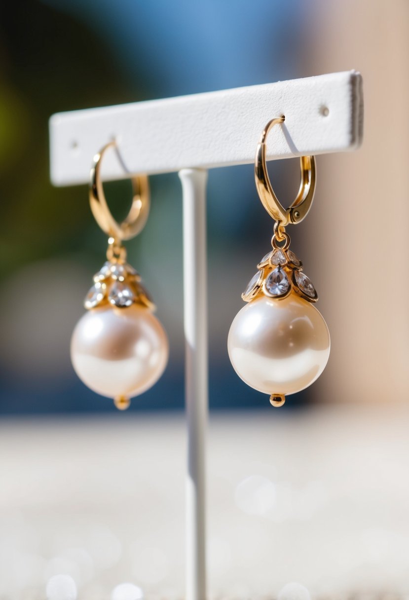 A pair of vintage-inspired pearl and gold earrings, delicately hanging from a display stand, catching the soft light of a sunny afternoon