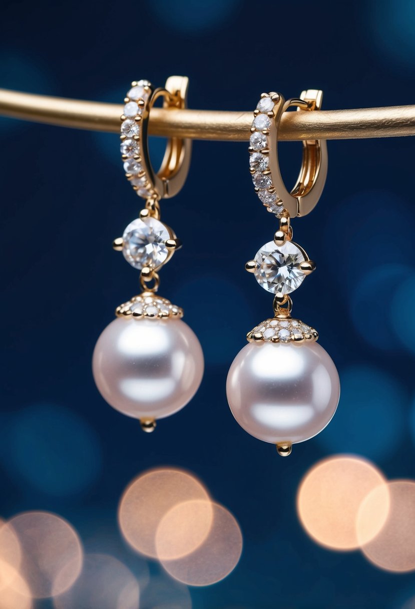 A pair of delicate pearl drop earrings adorned with shimmering diamonds, set against a backdrop of a starry night sky