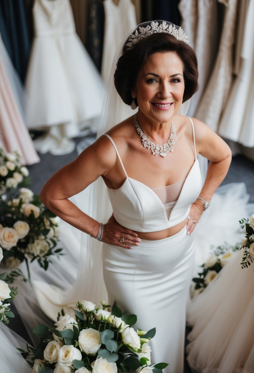 A mature bride wearing a nontraditional two-piece set, surrounded by various wedding dress ideas