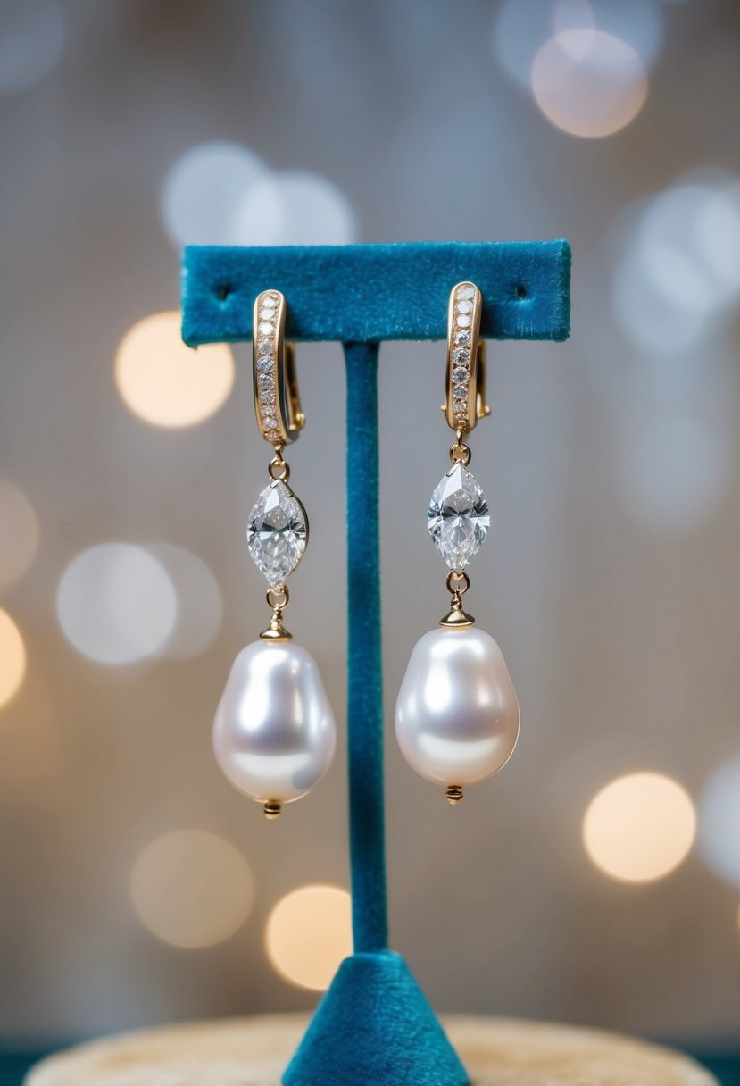 A pair of long freshwater pearl drop earrings with delicate diamond accents, displayed on a velvet jewelry stand with soft lighting