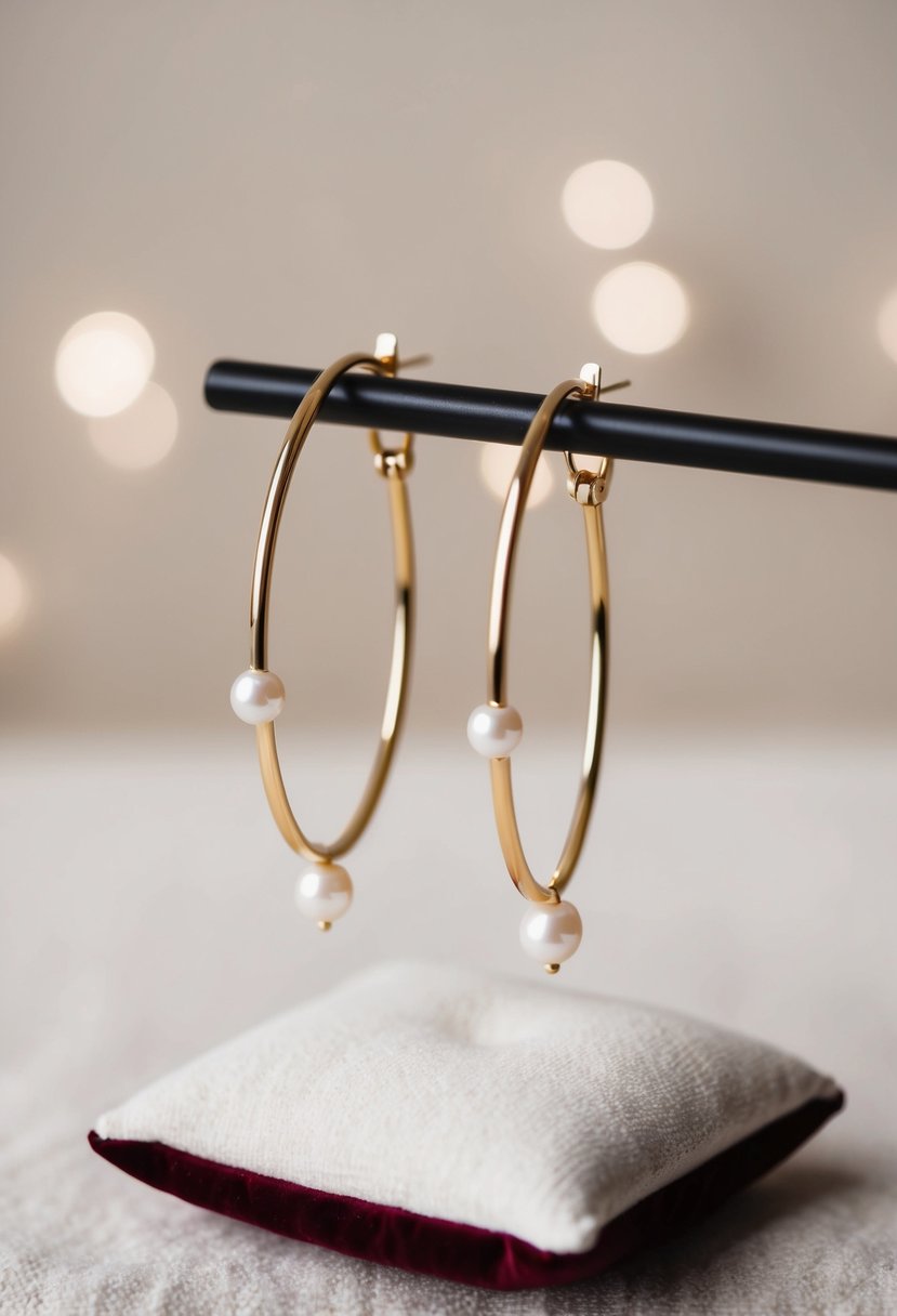 A pair of modern gold hoop earrings adorned with delicate pearls, displayed on a velvet cushion against a soft, neutral background