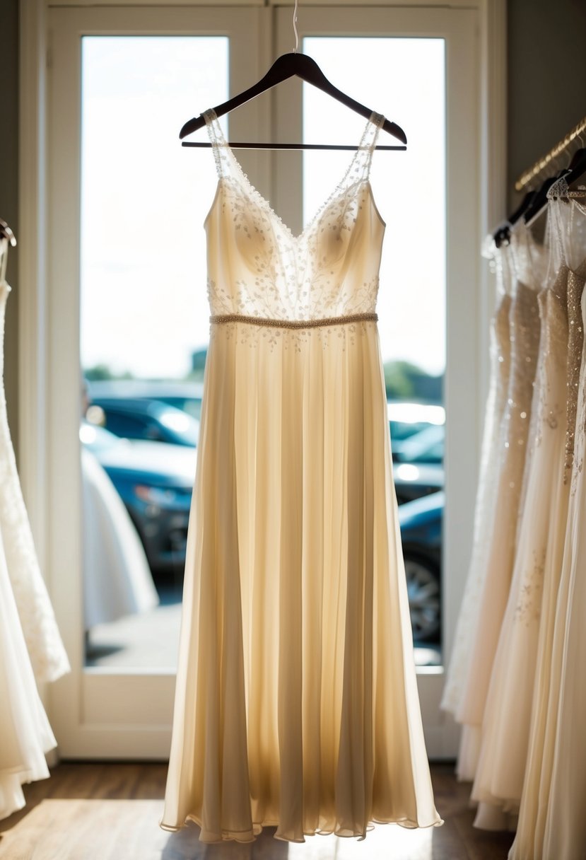 A flowing slip dress in soft ivory, adorned with delicate lace and subtle beading, hangs on a hanger in a sunlit bridal boutique