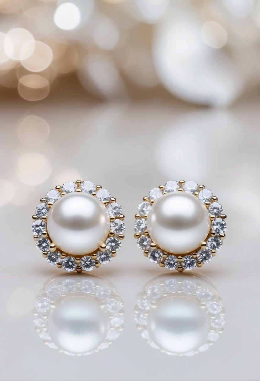 A pair of elegant crystal pearl wedding earrings, featuring shimmering diamonds set in delicate silver or gold