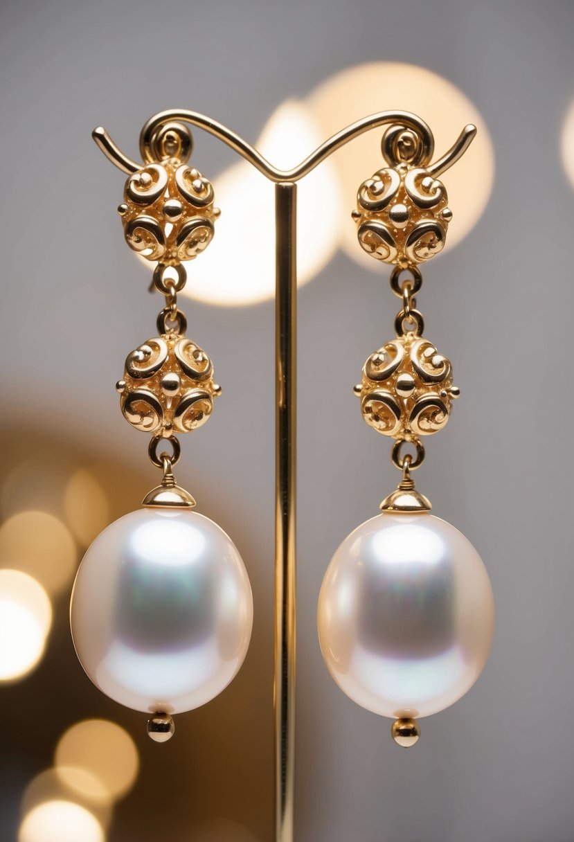 A pair of baroque pearl and gold dangle earrings hanging from a jewelry stand, with soft lighting enhancing their elegant and luxurious appearance