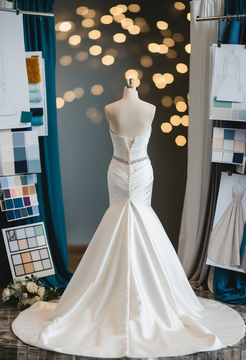 A convertible wedding dress displayed on a mannequin, surrounded by various fabric swatches and design sketches