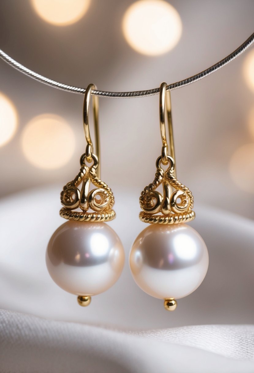 A pair of elegant South Sea pearl earrings with intricate gold accents, shimmering under soft light