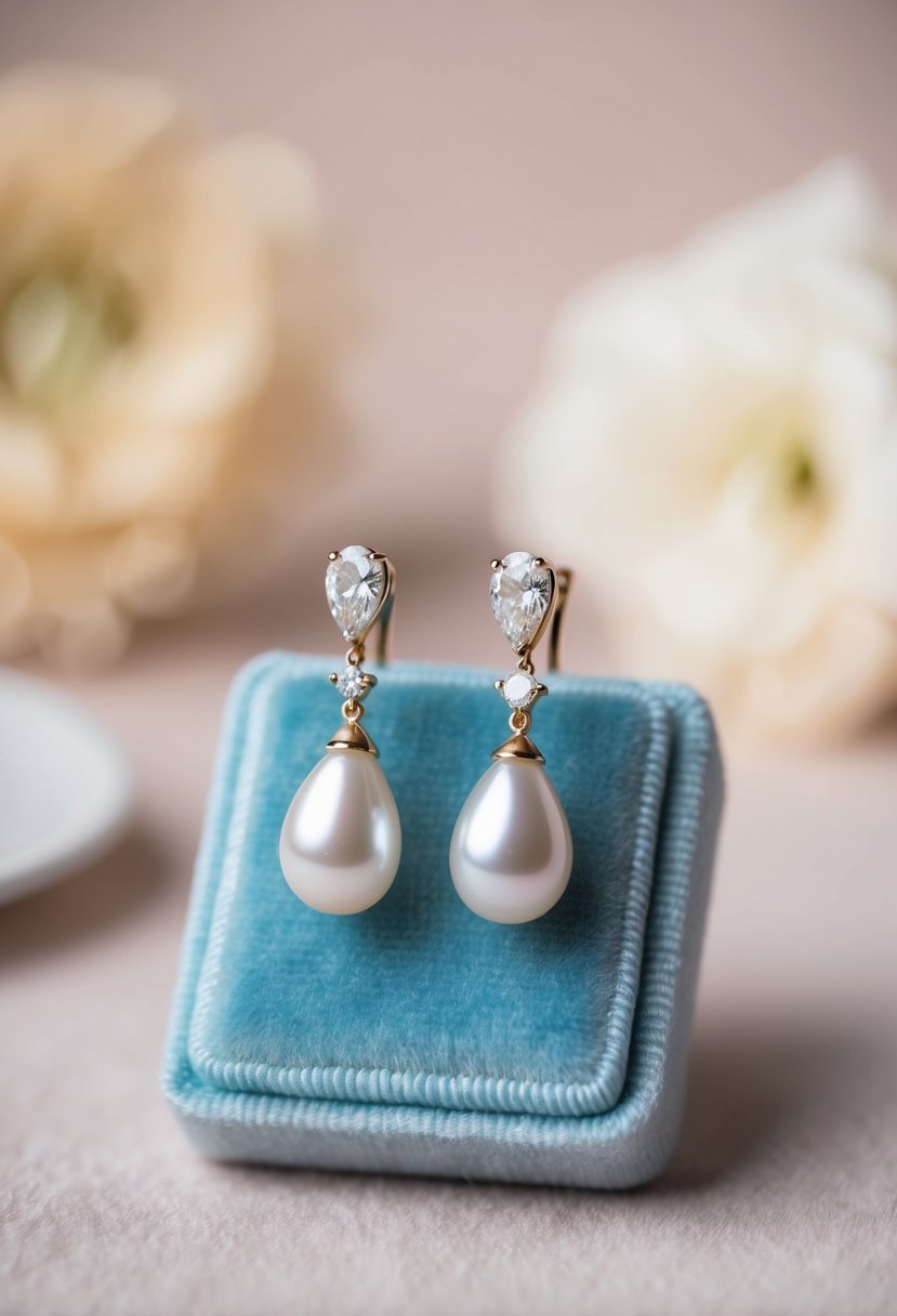 A pair of delicate teardrop pearl earrings with small diamond accents, displayed on a velvet cushion against a soft, romantic background