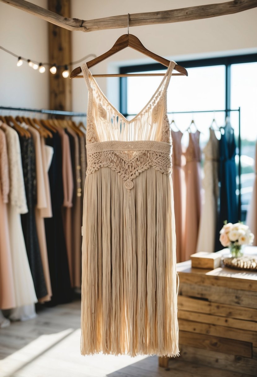 A bohemian fringe dress hanging on a rustic wooden hanger in a sunlit bridal boutique