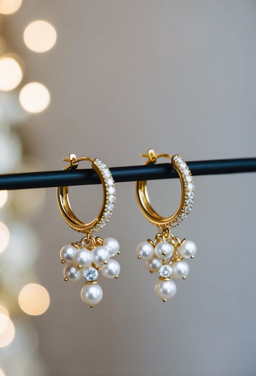 A pair of gold mini hoops adorned with a dangling cluster of pearls and diamonds, evoking elegance and sophistication for a wedding